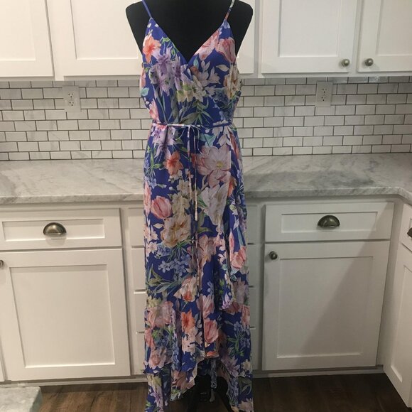 Yumi Kim Dress Womens XL Blue Floral Maxi Spaghetti Strap Wrap Ruffle Hem Belted - Picture 1 of 12